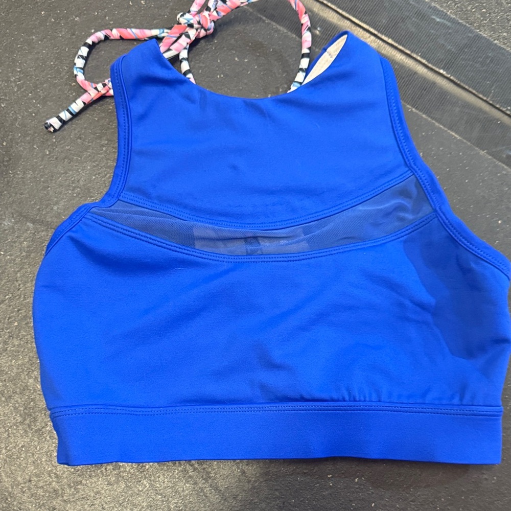 The Chestee Blue Athletic Swim and Barbell Bra Top with Pink and Black Straps